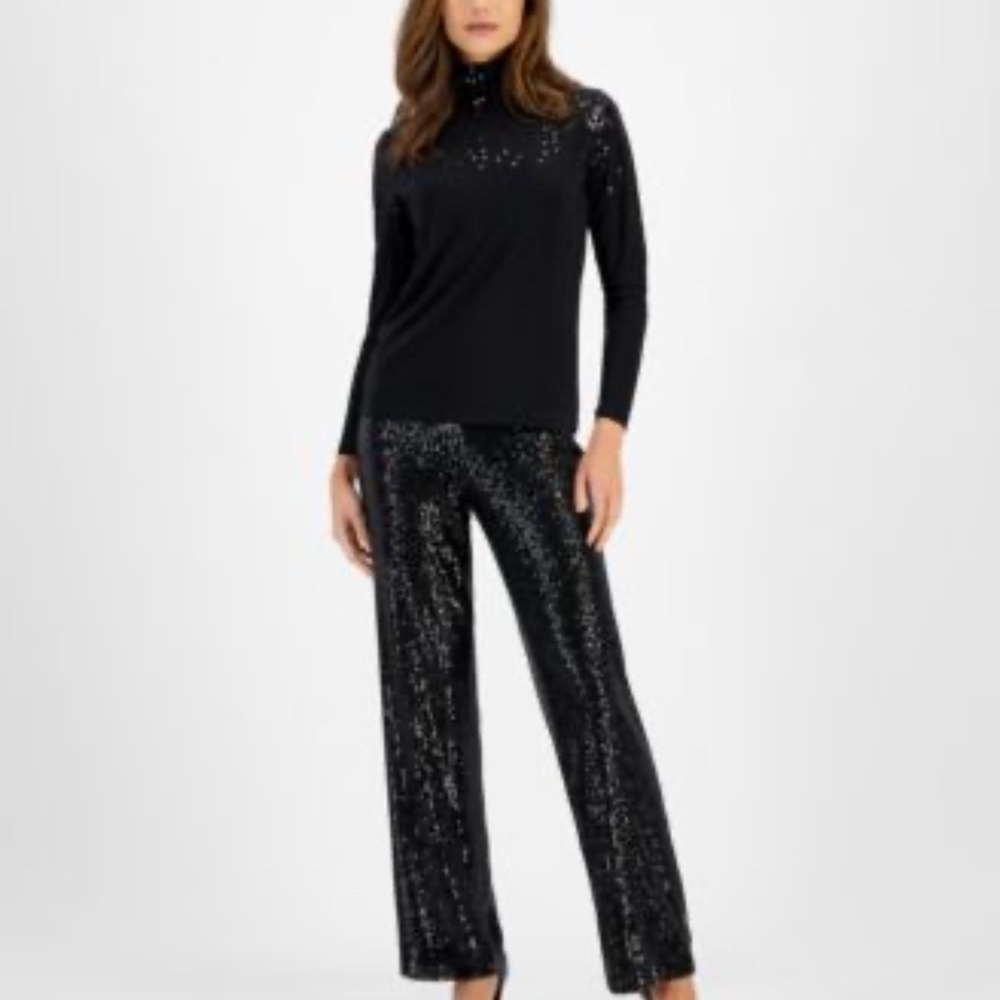 Anne Klein Linear Shine Sequin Wide Leg Pants in Anne Black - Picture 2 of 7